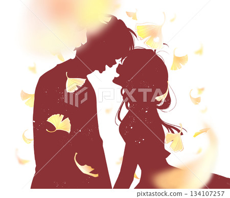 Men and women laughing facing each other Autumn Ginkgo silhouette Men and women laughing facing each other Autumn Ginkgo silhouette 134107257