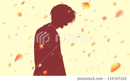 Smiling man, side view, autumn leaves, silhouette 134107262