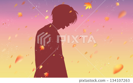 微笑的男人，側臉，秋葉，剪影，日落 134107263