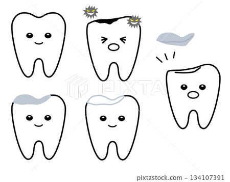 一組健康的牙齒、齲齒、治療過的牙齒和缺失填充物的牙齒 134107391