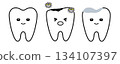 A set of healthy teeth, decayed teeth, and teeth treated with metal inlays 134107397
