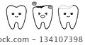 A set of healthy teeth, decayed teeth, and teeth treated with white fillings 134107398