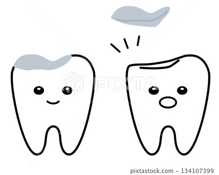一組牙齒，有的做了金屬嵌體修復，有的牙齒填充物卻意外脫落。 134107399