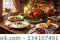 Christmas dinner on a warm table 134107401