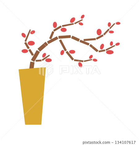 Stylized Plant with Red Berries in a Yellow Pot 134107617