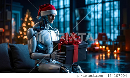 A robot in a santa hat holding a present on a couch 134107904