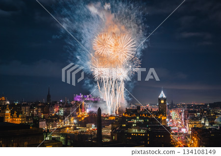 Edinburgh Hogmanay Fireworks Over the City Skyline Edinburgh Hogmanay Fireworks Over the City Skyline 134108149