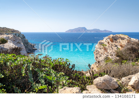 Cala Rossa, Favignana, Italy. Rocky coast with turquoise water 134108171