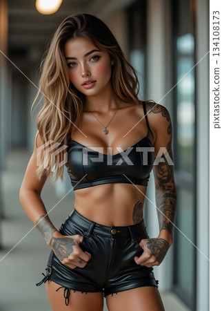 身穿皮質熱褲的金髮女郎 134108173