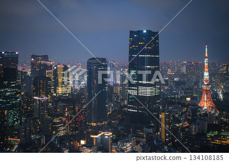 Tokyo city at night, its illuminated skyscrapers and iconic tower highlight urban life 134108185