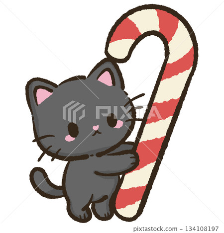 Luna black cat hugging giant candy cane cute Christmas illustration festive holiday kawaii winter art 134108197