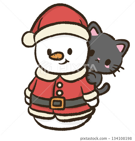 Kawaii black cat with cute snowman in santa outfit cozy christmas winter character illustration festive holiday art for cards stickers decor Kawaii black cat with cute snowman in santa outfit cozy christmas winter character illustration festive holiday art for cards stickers decor 134108198