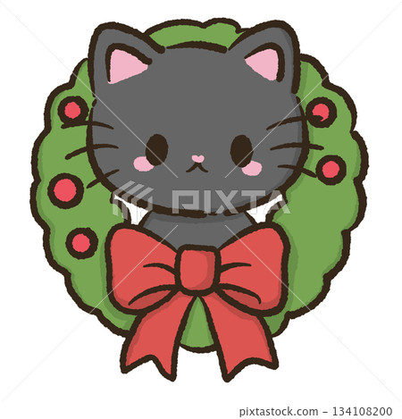 Kawaii black cat inside christmas wreath with big bow cute holiday character illustration winter festive art for cards stickers decoration Kawaii black cat inside christmas wreath with big bow cute holiday character illustration winter festive art for cards stickers decoration 134108200