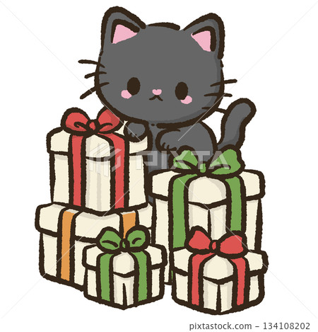 Cute black cat Luna with Christmas gifts kawaii holiday illustration cozy festive presents winter cartoon art for cards stickers scrapbooking Cute black cat Luna with Christmas gifts kawaii holiday illustration cozy festive presents winter cartoon art for cards stickers scrapbooking 134108202
