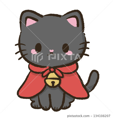 Kawaii black cat in red Christmas cape with bell cute winter character illustration cozy holiday art perfect for Christmas themed crafts cards and decor Kawaii black cat in red Christmas cape with bell cute winter character illustration cozy holiday art perfect for Christmas themed crafts cards and decor 134108207