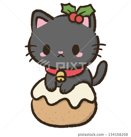 Cute black cat sitting on festive Christmas pudding kawaii holiday dessert illustration cozy winter aesthetic adorable character art for Christmas crafts 134108208
