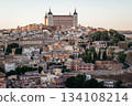 Toledo Spain cityscape with Alcazar fortress at sunset 134108214