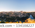Toledo Spain cityscape at sunset with the Tagus River 134108227