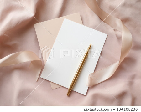 Greeting card with ribbon and pen Greeting card with ribbon and pen 134108230