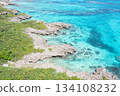 Miyakojima island coastline with clear turquoise water and rocky shores 134108232
