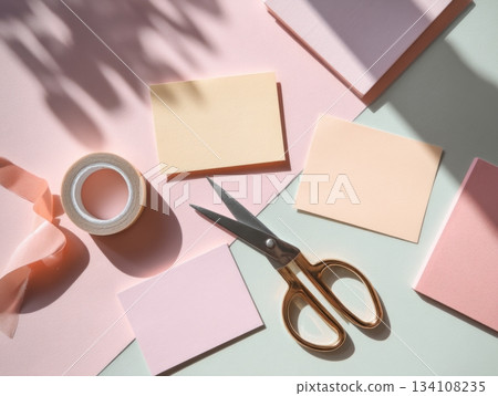 Creative flat lay with pastel notecards, scissors and washi tape Creative flat lay with pastel notecards, scissors and washi tape 134108235