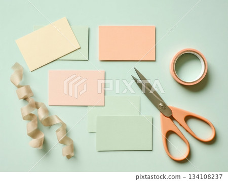 Creative flat lay with pastel notecards, scissors and washi tape Creative flat lay with pastel notecards, scissors and washi tape 134108237