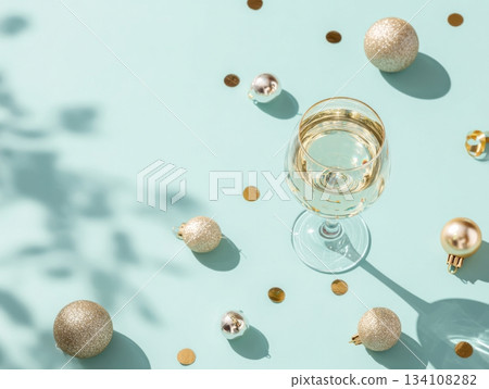 Festive champagne glass on mint background Festive champagne glass on mint background 134108282