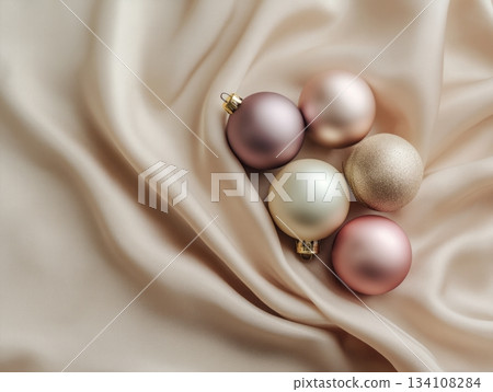 Pastel Christmas baubles on silk fabric 134108284