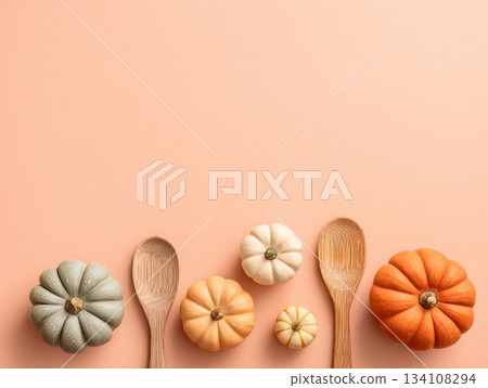 Autumn flatlay with mini pumpkins and corn 134108294