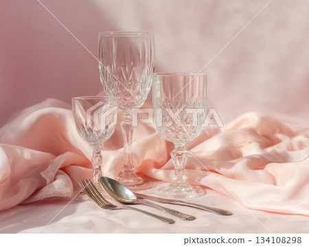 Minimal pastel festive table with crystal glasses and silk napkin Minimal pastel festive table with crystal glasses and silk napkin 134108298
