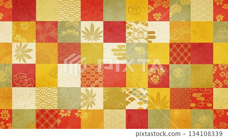 A checkered background texture of a Japanese pattern based on red, yellow, and green 134108339