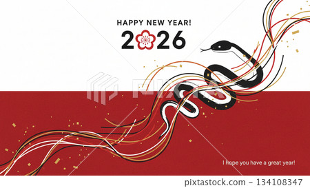 一幅紅白相間的日式新年插畫,描繪了2026年的生肖-蛇。 一幅紅白相間的日式新年插畫,描繪了2026年的生肖-蛇。 134108347