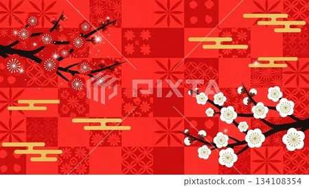 日式背景設計，以紅色方格圖案為底，飾以梅花和松樹圖案（新年） 134108354