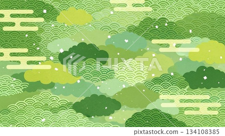 以綠色日式圖案為背景的筆刷風格設計 134108385