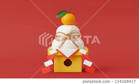 A simple New Year's decoration of cute kagami mochi placed on a red background A simple New Year's decoration of cute kagami mochi placed on a red background 134108417