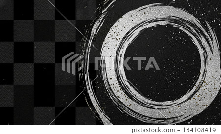 Japanese-style design background with ink circles and checkered patterns (monochrome, calligraphy style) Japanese-style design background with ink circles and checkered patterns (monochrome, calligraphy style) 134108419