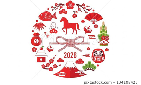 以2026年生肖圖案和日式圖案圖示為特色的新年設計,呈現圓形排列。 以2026年生肖圖案和日式圖案圖示為特色的新年設計,呈現圓形排列。 134108423