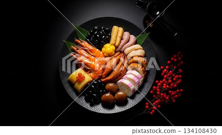 盛放在黑色背景上的奢華禦節料理(傳統新年菜餚) 盛放在黑色背景上的奢華禦節料理(傳統新年菜餚) 134108430
