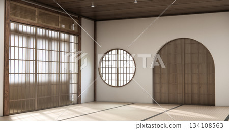 Nihon room design interior with door paper and tatami mat floor room japanese style. 3D rendering Nihon room design interior with door paper and tatami mat floor room japanese style. 3D rendering 134108563