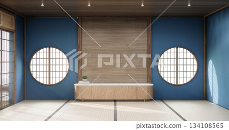 Tokonoma wall design blue living room interior cleaning room Japanese traditional style. 3D rendering 134108565