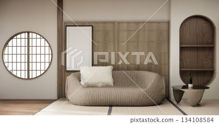 Wooden Arm chair and partition japanese on room tropical interior with tatami mat floor.3D rendering 134108584