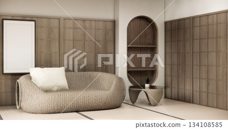 Wooden Arm chair and partition japanese on room tropical interior with tatami mat floor.3D rendering Wooden Arm chair and partition japanese on room tropical interior with tatami mat floor.3D rendering 134108585