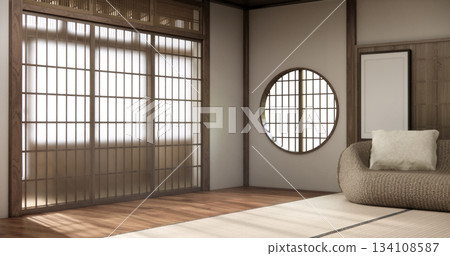 Wooden Arm chair and partition japanese on room tropical interior with tatami mat floor.3D rendering 134108587