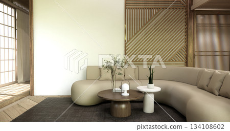 Wooden Arm chair and partition japanese on room tropical interior with tatami mat floor.3D rendering Wooden Arm chair and partition japanese on room tropical interior with tatami mat floor.3D rendering 134108602