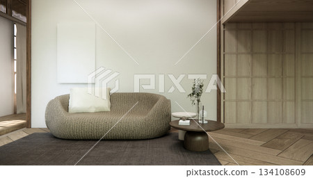 Wooden Arm chair and partition japanese on room tropical interior with tatami mat floor.3D rendering Wooden Arm chair and partition japanese on room tropical interior with tatami mat floor.3D rendering 134108609