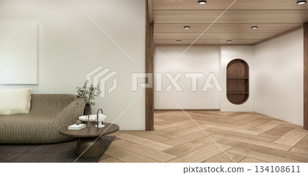 Wooden Arm chair and partition japanese on room tropical interior with tatami mat floor.3D rendering 134108611