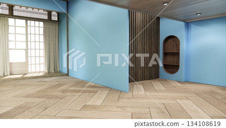 blue color Muji room interior with wall japanese design.3d rendering blue color Muji room interior with wall japanese design.3d rendering 134108619