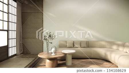 Wooden Arm chair and partition japanese on room tropical interior with tatami mat floor.3D rendering 134108629