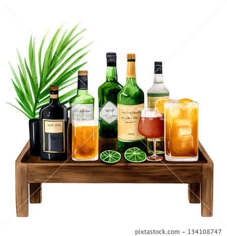 Colorful assortment of drinks and spirits on a wooden table with tropical elements Colorful assortment of drinks and spirits on a wooden table with tropical elements 134108747