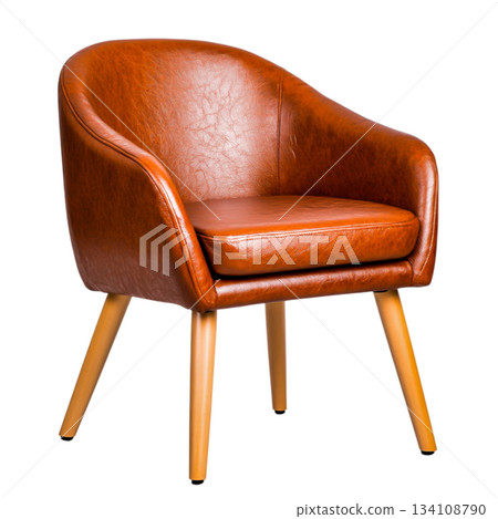 Stylish brown leather chair with curved design and wooden legs for modern interiors 134108790